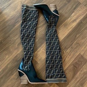 Fendi Cutwalk Over the Knee Sock Boots Zucca Knit Stretch Fabric and Leather